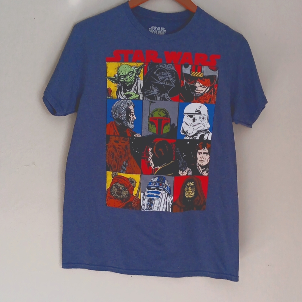 Star Wars men's medium blue/gray graphic t-shirt (Yoda, Darth Vader, R2D2)